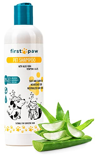 FIRSTPAW 300ml Pet Shampoo, Welpenshampoo, Hundeshampoo und Katzenshampoo mit Aloe Vera - Geeignet für Sensitive Haut, 100% Vegan Rückfettendes Shampoo für alle Hunderassen und Felltypen