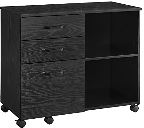 VASAGLE Rollcontainer, Aktenschrank, mit 3 Schubladen und Rollen, offene Fächer, für Dokumente in DIN A4-, Letter-Format, Druckerständer, Industrie-Design, schwarz mit Holzmaserung OFC041B56