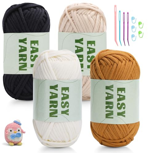 4x50g Crochet Yarn Chunky Yarn for Crochet, Easy Cotton Yarns for Crochets with Easy-to-See Stitches, Stitch Markers, Easy Crochet Starter Kit for Beginners Beige Brown White Black