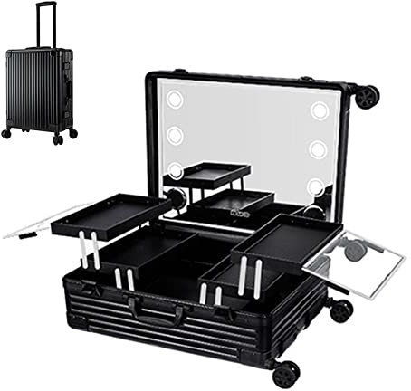 Beauty Makeup Train Case Travel Trolley Cosmetic Bag Rolling Organizer, 4 Rolling Wheels Lights Mirror,Pro Makeup Station, Combination Lock, LED Tricolour Light,Aluminium Make Up Case,1 Piece cosmetic
