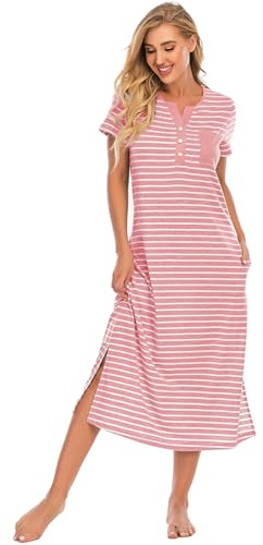 Jlowesun Laies Long Stripes Nighties Nightdress Nightshirts Short Sleeve Soft Button Sleep Dress with Pockets Pajamas for Women