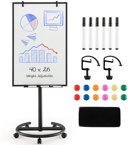 GYMAX 100 x 65 x 132-192 cm Lavagna Bianca a Secco Mobile, Lavagna Magnetica con Ruote e Supporto Regolabile in Altezza, 1 Cancellino,12 Magnetici, 25 Fogli di Carta, 6 Penna, 2 Graffette (Nero)