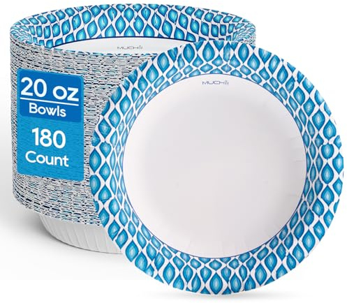 MUCHII 20 Oz Paper Bowls 180 Count Disposable Bowls, Printed Soak Proof Large Bowls for Breakfast, Lunch, and Dinner Meals