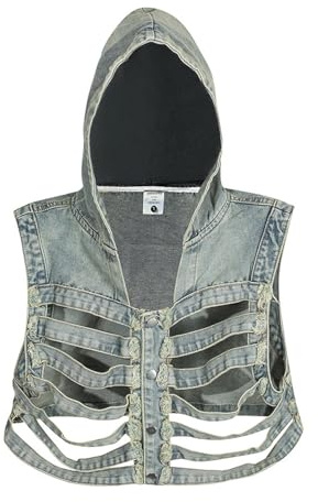 Gefomuofe Gilet in jeans, da uomo, corto, senza maniche, con scheletro, con cappuccio, per allenamento, estivo, traspirante, per cosplay, medievale, grigio., M