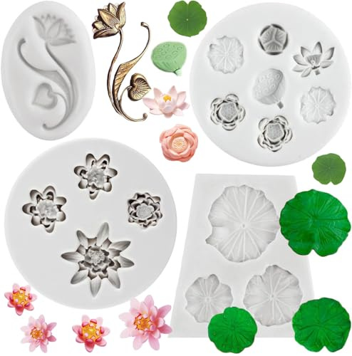MYPRACS Lotus Flower Silicone Moulds Lotus Leaf Fondant Mould Lily Pad Silicone Moulds for Cake Decorating Cupcake Topper Chocolate Candy Polymer Clay Gum Paste Set of 4