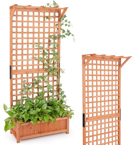 RELAX4LIFE Jardinière avec Treillis 180 cm, Lit de Jardin Surélevée en Bois Sapin, Bac à Fleurs d'Extérieur avec Trous de Drainage pour Plantes Grimpantes Fleurs dans Jardin Terrasse Balcon