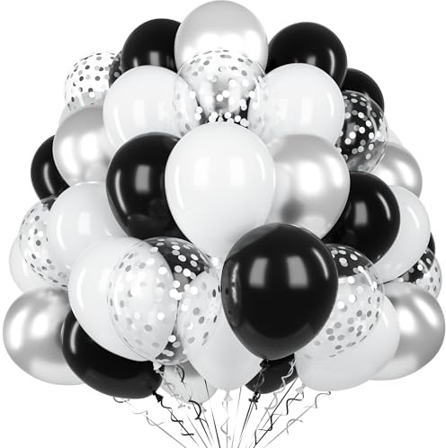 60 st svarta vita silverballonger, 12 tum/30,5 cm, matt svart vit silver latexballong med 2 band och konfettiballonger för män, kvinnor, födelsedag, bröllop, förlovning, examen, festdekoration