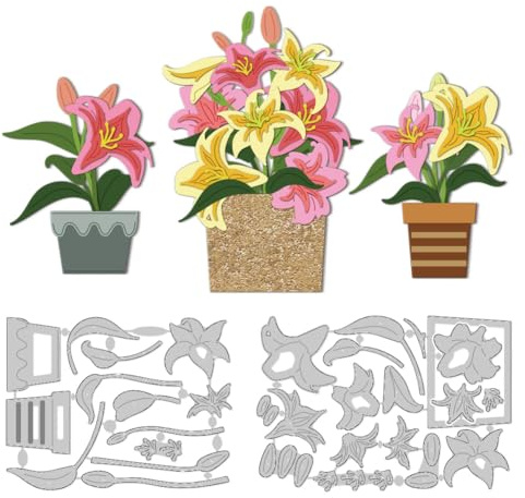 DELORIGIN Stanzformen Mit Lilienmotiv Im Topf Blumenkartenränder Stich Prägeschablonen Rahmen Stanzschablonen Neuheiten 2025 Stanzformen Für Frühling DIY Papierbastelkarten Alben Geschenkdekoration