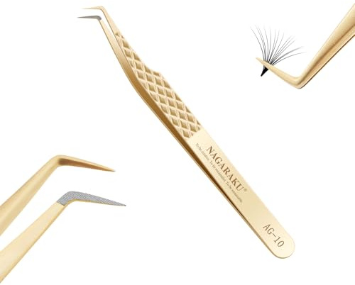 NAGARAKU Fiberspets Volym Ögonfransympning Professionell Precision Wimpertång Halkfritt Ögonfranspincett Rostfritt Stål Franspincett Böjd Spets Tweezer För Att Skapa Mega Ögonfransblommor (80°AG-10)