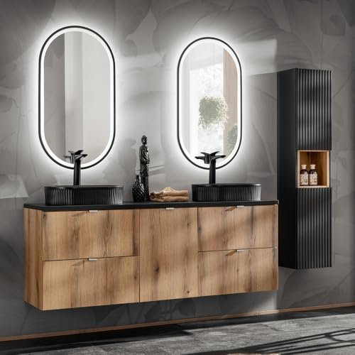 Lomadox Badezimmer Badmöbel Set 4-teilig, 160cm Doppelwaschtisch, in Eiche und schwarz, geringe Tiefe (40cm)