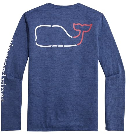 vineyard vines Men's On-The-go Whale Outline Long-Sleeve Harbor Performance Tee, Nautical Navy Heather, Medium
