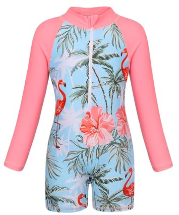 AmzBarley Swimming Costume Girls Swimsuit Kids One-Piece Swimwear Child Long Sleeve Rash Guard Summer Beach Outing Bathing Suit Bluepink Age 11-12 Years Size 150
