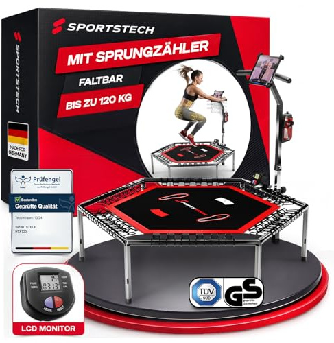 Sportstech HTX100 Trampolin, klappbar | Deutsche Qualitätsmarke | Fitness Trampolin mit Haltegriff | Indoor Jumping für Kinder und Erwachsene | TÜV/GS, Sprungzähler, APP (HTX100 schwarz)