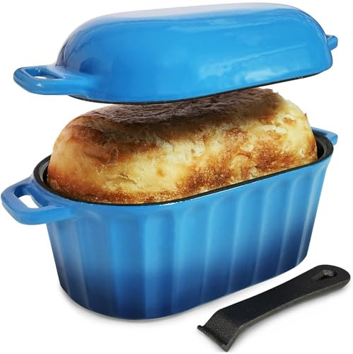FANQIEW Dutch Oven Enameled Cast Iron Bread Pan with Lid Sourdough Loaf Pans for Baking Bread Large Heavy Oval Bread Dutch Oven with Movable Handle 4 Qt Blue Dishwasher Safe