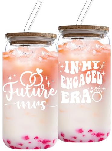Komergave Engagement Gifts in My Engaged Era Glass Cups with Lids and Straws 16 oz Engagement Presents Bride to be Coffee Glass Wedding Gifts for Couple Bachelorette Presents for Bride