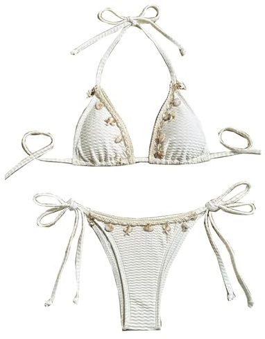 Dam snäckbikini 2-delad boho grimma triangel baddräkt brasiliansk pärlstav Y2k bikini baddräkt med hög midja, Vitt, M