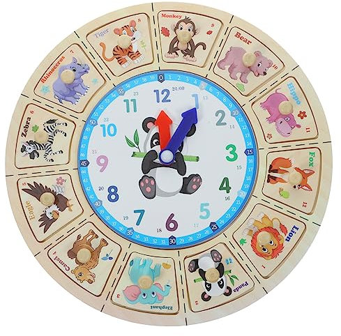 Yardwe Lernuhr für Holzuhr mit Tiermotiven Pädagogisches für Zeitlernung Interaktive Uhr für Kleinkinder für Geburtstage Feiertage