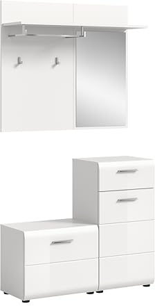 xonox.home - Garderobenkombination Ice 4 teilig 98x191x35 cm in Korpus weiß und Front weiß Hochglanz - Garderobenschrank Garderobenset Flurmöbel-Set Flursystem Stauraumlösung