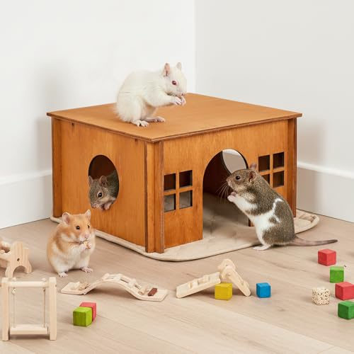 Brown Guinea Pig Hideout and Hideouts, Wooden Guinea Pig House with Cushion, Lovely Chinchilla House with Windows, Large Hamster House Hideout for Hamsters Small Bunny Chinchillas Playing Hiding