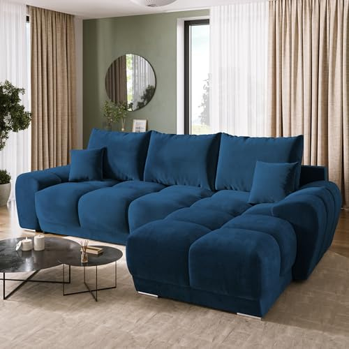 BROMARKT Ecksofa L-Form mit Schlaffunktion Bettkasten 294x184cm Blau | Wohnlandschaft mit Schlaffunktion und Bettkasten Schlafsofa L-Form Eckcouch Fünfsitzer Couch für Wohnzimmer Bettsofa NUBES