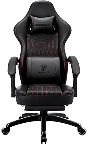 Dowinx Gaming Stuhl mit Federkissen & Massagefunktion, Hoher Racing Bürostuhl mit Verstellbarer Lendenstütze, Ergonomischer PC Stuhl mit Fußstütze in PU Leder (Schwarz)