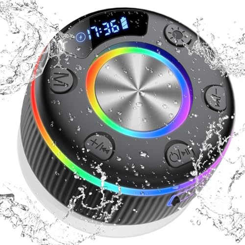 Altavoz Ducha Bluetooth 5.3 con Luces RGB, Mini Altavoz Portatil con Ventosa, Altavoces Bluetooth sin Manos en duchas y baños, IP7 Impermeable Altavoces Bluetooth, 8 Horas Estéreo Altavoce Pequeño