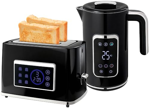 HOMCOM 1.7L 3000W Kettle and Toaster Set with LED Touch Screen, Black | Rapid Boil Jug Kettle, Stainless Steel Inner, Keep Warm Memory Function, Cool Touch Body, 2 Slice Toaster, 6 Browning Levels