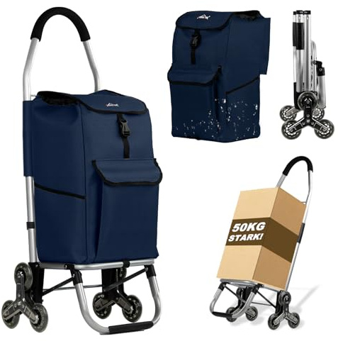 HOMELUX Shoppingvagn 41 l med trekantiga trapphjul, 50 kg lastkapacitet | Vikbar shoppingvagn, avtagbar vattenavvisande väska aluminium handtag, stabil seniorer vagn för hushåll shopping
