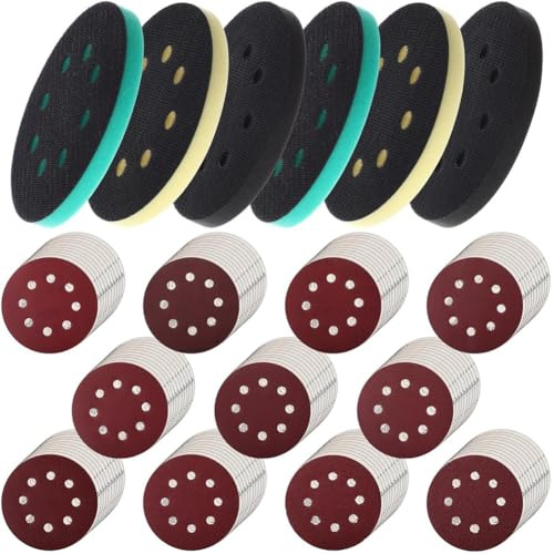 Koolenry 116pcs 5 Pouces 8 Trous Crochet et Boucle Orbital Poussions de Mousse et Disques de Ponçage 110pcs Disques de Ponçage Rouge, 40 à 600 Grain