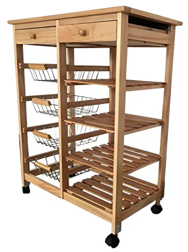 Mueble Gestion Meyvaser Carrito Frutero Verdulero, Carro de Cocina con Ruedas Doble con 4 cestas 4 baldas y 2 Cajones con Ruedas Color Miel