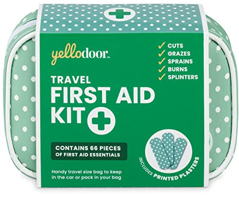 Yellodoor 84 Pezzi Mini Travel Kit Di Pronto Soccorso. Comprende forbici, gel per ustioni, cerotti impermeabili, guanti medici, salviette antisettiche e nastro adesivo. Per casa 100% vegano