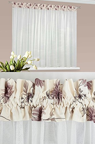 Tenda Fermatenda Band 400 x 145 cm Daria 1 Bianco con Viola Fiori Motivo Soggiorno trasparente morbido fallendes materiale