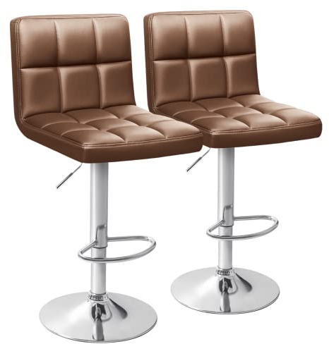 Homall Bar Stools Modern PU Leather Adjustable Swivel Barstools, Armless Hydraulic Kitchen Counter Bar Stool Extra Height Square Island Barstool with Back Set of 2 (Leather, Brown)