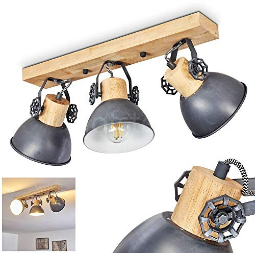 HOFSTEIN Deckenleuchte Orny, verstellbare Deckenlampe aus Metall/Holz in Grau/Weiß/Natur, moderne Leuchte im Industrial/Retro/Vintage-Design, 3 x E27, Wohnzimmer, Esszimmer, Schlafzimmer, Küche