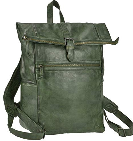 Bear Design Rucksack Leder Damen Herren Rolltop Daypack Kurierrucksack Tagesrucksack Trekkingrucksack Fahrradrucksack mit Notebookfach grün