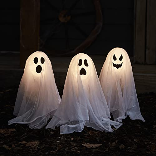 Lights4fun 3er-Set Halloween Geister Gespenster Ghosts | Stableuchten mit Erdspieß & Timer | Batteriebetrieben | Outdoor Außen Herbst Deko für Garten, Hof & Terrasse | (H) 40 x (B) 35 x (D) 8 cm