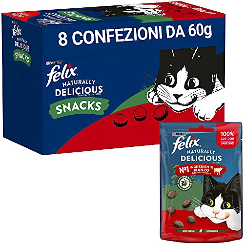 FELIX Naturally Delicious Snack für Erwachsene Katzen, reich an Rindfleisch mit Goji-Beere, 8 Packungen à 50 g
