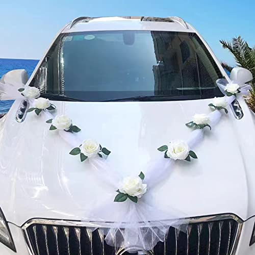 Autoschmuck Hochzeit Weiß, Hochzeitsauto Dekorationsset, Car Wedding Girlande, Blumenschmuck Auto Hochzeit,DIY Weiß Gaze Rosendekoration Set, Auto Schmuck Hochzeit mit 9 Rosen, 2 x 1.6 m Lange