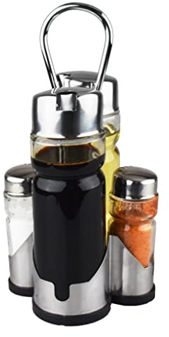 Ensemble salière et poivrière, distributeur d'huile et de vinaigre avec support en acier inoxydable (sel, poivre, huile et vinaigre)