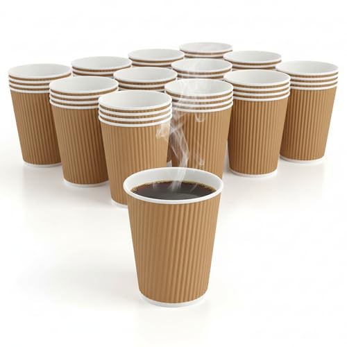 Meown 8oz Brown Ripple Paper Cups (Pack of 100), Triple-Wall Insulated Disposable Coffee Cups, Sturdy Rolled Rim, Leak-Resistant