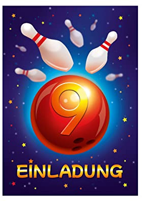 Junapack 12 Einladungskarten zum 9. Kindergeburtstag Bowling Kegeln neunte Geburtstag Mädchen Jungen