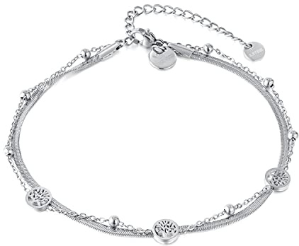 VICKWOOD Lebensbaum Fußkettchen für Damen bis 30cm Edelstahl - Armband Damen Gold 17cm Schwarz/Rosegold/Silver - Fussketten für Frauen Gold - Fußkette Damen