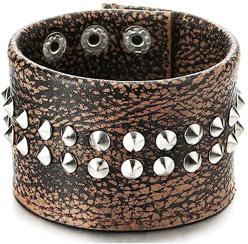 COOLSTEELANDBEYOND Braun Leder Armband, Nieten Leder Schweißband, Strukturierte Breiten Armreif Armband, Herren Damen