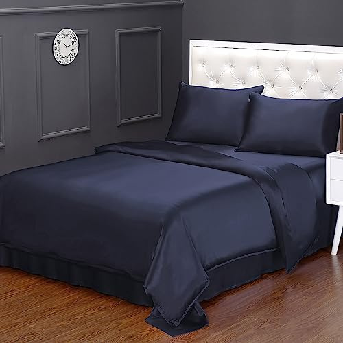 LilySilk 4PC Silk Bedding Set 100% 19 Momme Mulberry Silk, 1 Silk Fitted Sheet, 1 Silk Duvet Cover and 2 Terse Silk Pillowcases Navy Blue Queen Size