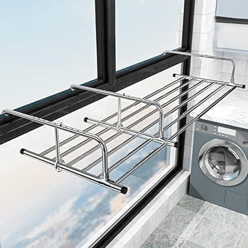 Balcony Drying Rack Shoe Rack, Extendable Clothing Dryer Rack, Multifunction Balcony Radiator Drying Rack Stainless Steel Folding Airer, For Hanging Clothes Towel Underwear Shoes Socks,Silver,60-1