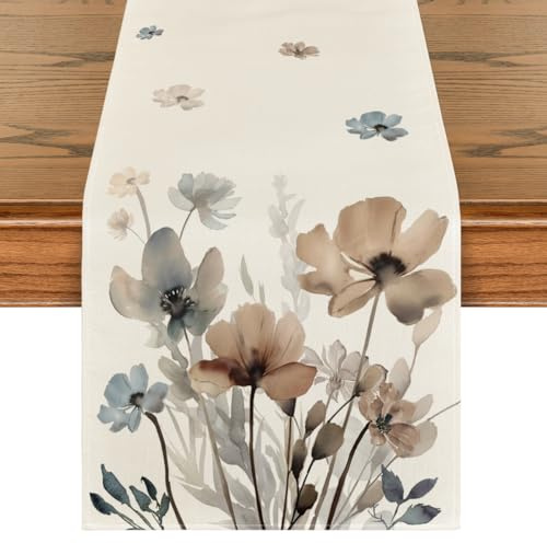 Artoid Mode Brown Poppy Floral Leaves Spring Table Runner, Seasonal Summer Kitchen Dining Table Decoration for Home Party Decor 13x72 Inch