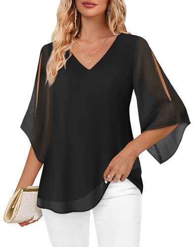 Bebonnie Women Blouses Dressy Casual Tops: Ruffle 3/4 Sleeve Plus Size Dress Shirts - Tunic Tops to Wear with Leggings Black XXL
