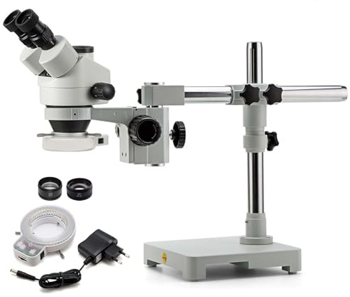 SWIFT S7 3.5X-90X Professionelles Simul-Fokal Trinokular Stereo-Zoom-Mikroskop mit WH10x-Okularen, 0,7 x 4,5 x Objektiv, 144 LED-Ringlicht, einarmiger Galgenständer, inklusive 0,5 x und 2,0 x