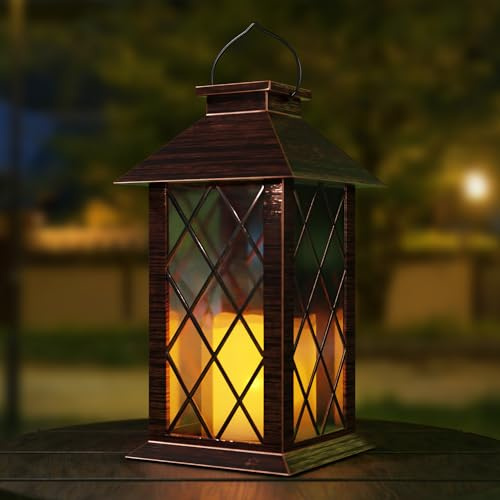 AFINETH Outdoor Solar Lanterns, Waterproof Hanging Lantern with LED Flickering Flameless Candle, 13'' Bronze Outdoor Solar Powered Lantern Decor for Porch Patio Garden Balcony Pathway, 1 Pack