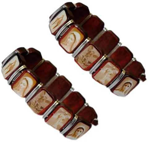 Kaltner Präsente Heiligenarmband Holz 2er Set – Religiöses Armband mit Jesus Christus, Maria, Engel & Madonna – Verstellbar Damen Herren – Christliches Geschenk